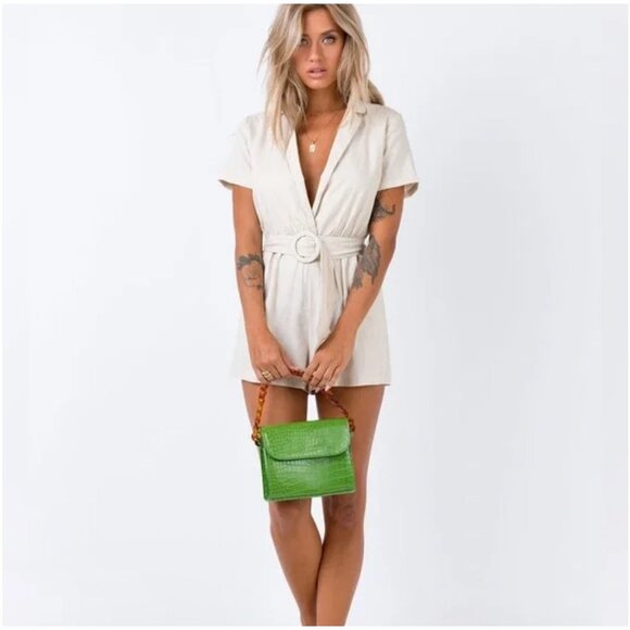 Princess Polly Deep V Croquette Playsuit Romper Collared Belted Neutral Beige 0 - Picture 12 of 16